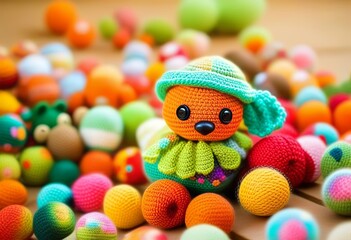 A close-up of a handmade crochet amigurumi toy with a blurred background