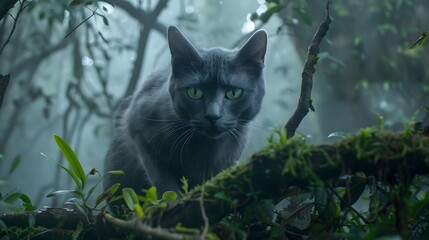 Mysterious Silver Blue Cat with Piercing Green Eyes Prowling in Misty Enchanted Forest