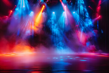 Stage illuminated by colored spotlights and haze