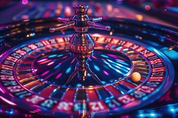 A casino roulette wheel, glowing in neon colors, spinning and blurred background,  excitement and motion,  blue purple red, creating a sense of luxury and glamour