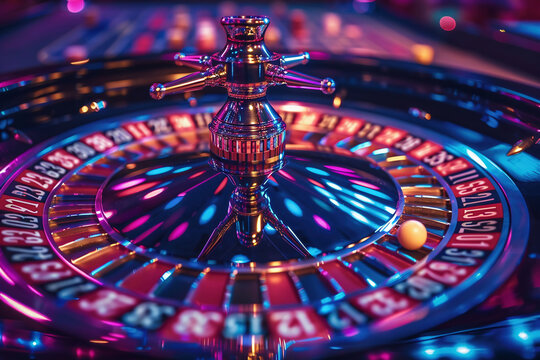 A casino roulette wheel, glowing in neon colors, spinning and blurred background,  excitement and motion,  blue purple red, creating a sense of luxury and glamour