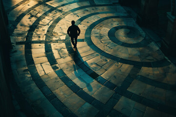 A silhouette of a person running out of a labyrinth - Shadows lengthening as time runs out.
