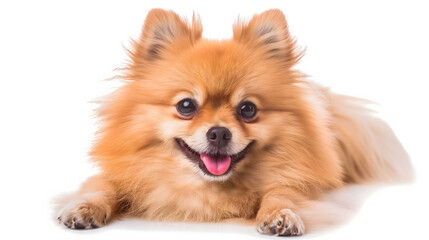Obraz premium A happy Pomeranian dog with a pink tongue is laying on a white background