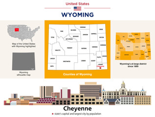 Wyoming counties map and at-large congressional district map. Skyline of Cheyenne (state's capital and most populous city). Vector set