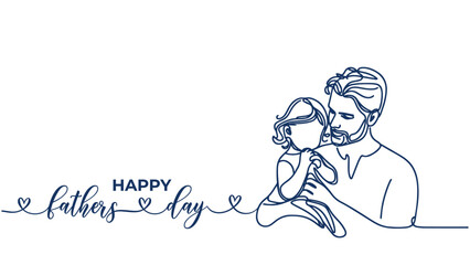 Happy Fathers day vector background, web banner, poster. Dad with daugther. One continuous line drawing with lettering Fathers day