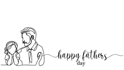 Happy Fathers day vector background, web banner, poster. Dad with daugther. One continuous line drawing with lettering Fathers day