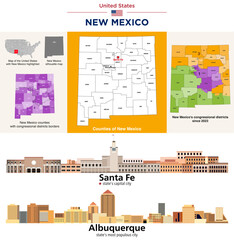 Obraz premium New Mexico counties map and congressional districts since 2023 map. Santa Fe (state's capital city) and Albuquerque (state's most populous city) skylines. Vector set
