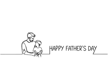 Happy Fathers day vector background, web banner, poster. Dad with daugther. One continuous line drawing with lettering Fathers day