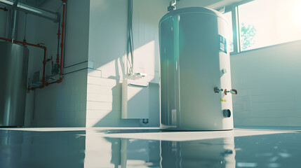 residential electric water heater sitting on a concrete floor.