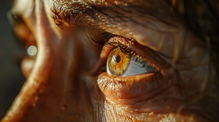A close up of a person's eye with a brown iris