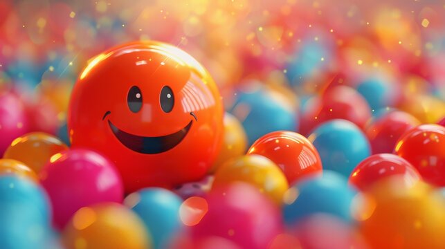 A smiling orange ball is surrounded by a bunch of colorful balls