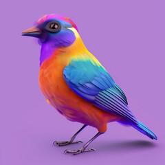 A colorful bird with iridescent feathers stands out against a purple background