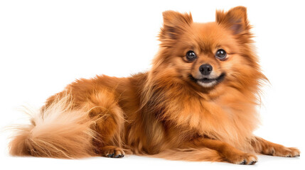 Obraz premium A happy Pomeranian dog is laying on a white background