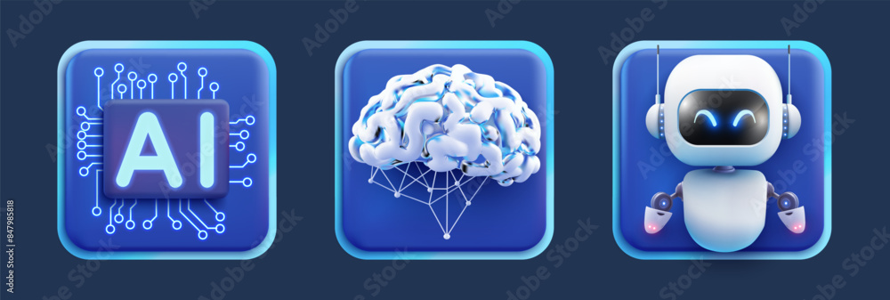 Poster ai technology icons set - vector illustration of artificial intelligence, neural networks, and robot