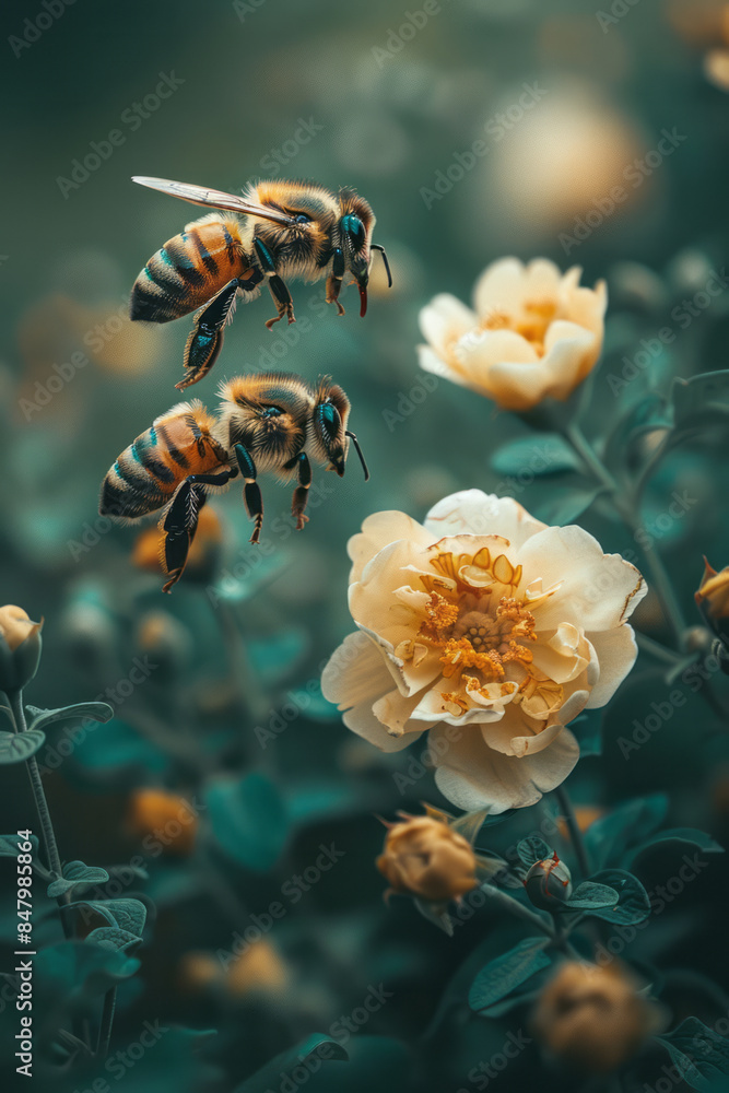Poster minimalist image of a bee flying towards a flower in a serene garden setting,