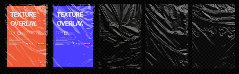 Realistic Black Plastic Wrinkle Textures on Transparent Background - Vector Set for Design Projects and Overlays