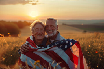 Joyful senior couple wrapped in the American flag, smiling warmly in a sunny countryside field at sunset. Captures love, patriotism, and the beauty of aging. Generated AI