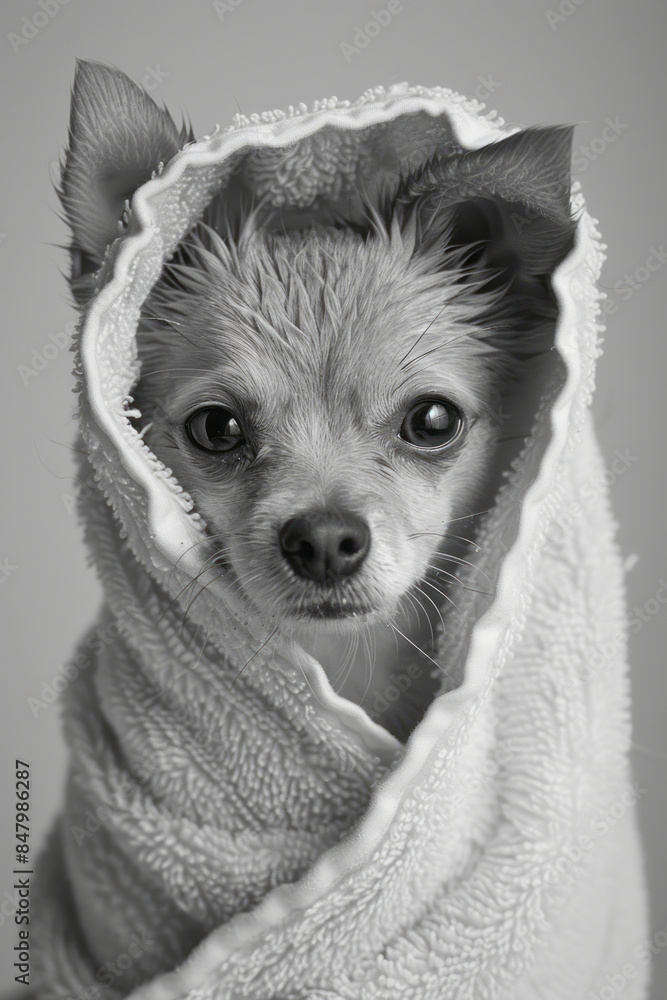 Poster elegant shot of a pet drying under a soft towel in a clean, minimalist setting,