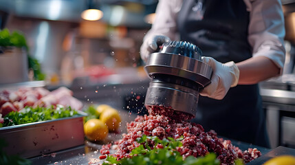 Smiling young girl in a white uniform and red oilcloth apron working in the meat processing room of butchery, standing near the cutting table with fresh raw beef heart in her hands..