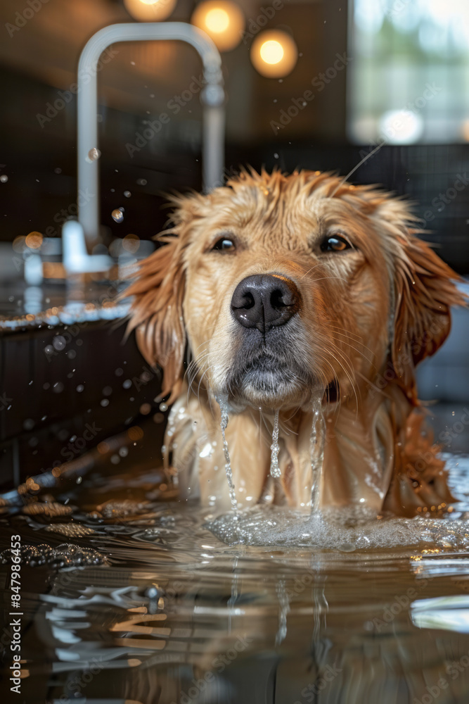 Poster minimalist image of a dog being pampered with a gentle bath in a serene setting,