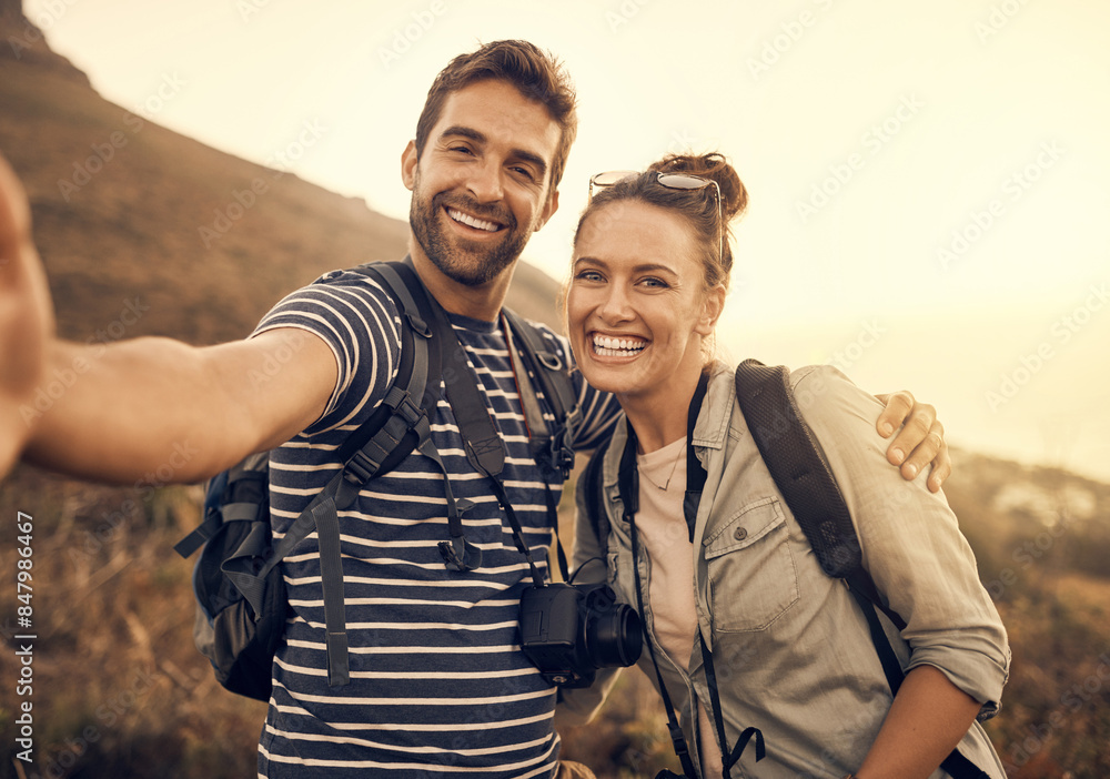 Canvas Prints Selfie, smile and couple adventure in nature together for hiking, fun and sunset mountain exploration. Photograph, travel and man with woman bonding with portrait for profile picture on social media