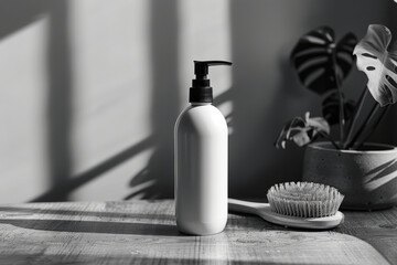 Minimalist aesthetic image of a dog shampoo bottle and a grooming brush on a clean surface,