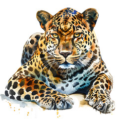 Obraz premium Vivid illustration of a majestic leopard lying down isolated on transparency background, PNG cut out, showcasing its distinctive spots and intense gaze. Perfect for wildlife themes.