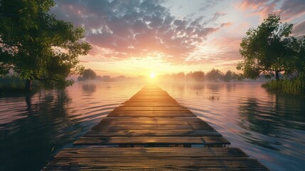 Obraz premium river of a wooden bridge with a sunset view