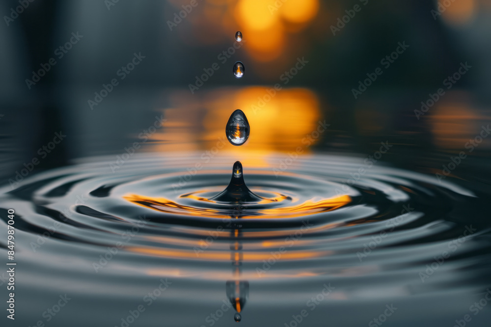 Poster minimalist aesthetic image of a single water droplet falling into a calm pond, creating ripples,