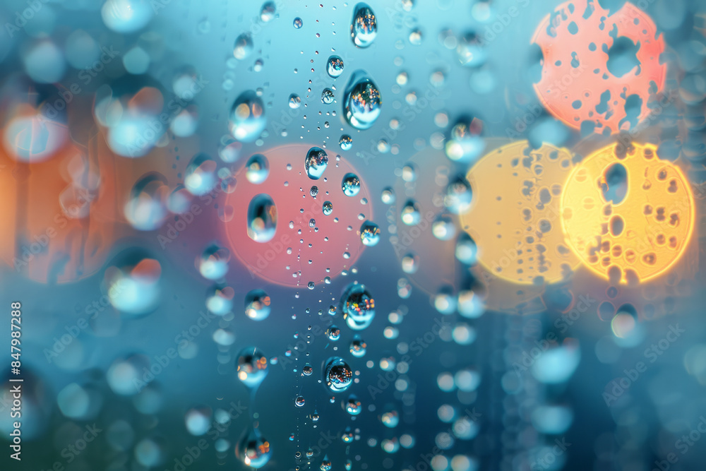 Poster minimalist image of raindrops on a window, with a soft, blurred background,