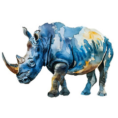 Beautiful watercolor illustration of a rhinoceros isolated on transparency background, PNG cut out, showcasing vibrant colors and artistic detail.