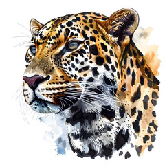 Obraz premium Colorful artistic portrait of a leopard with intricate details on the fur and striking eyes isolated on transparency background, PNG cut out.