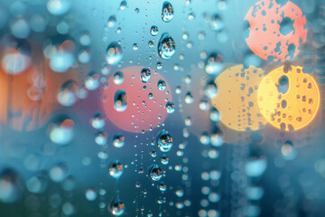 Minimalist image of raindrops on a window, with a soft, blurred background,