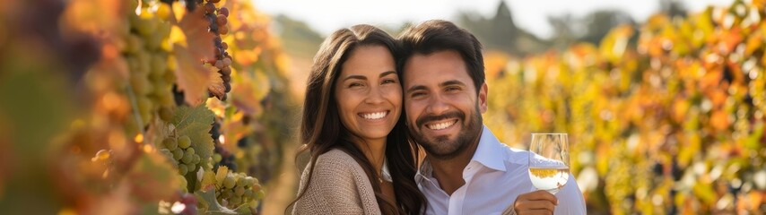 Fototapeta premium Wine Tasting Lifestyle Focus on a smiling couple, Hispanic, 30s, tasting wine in a vineyard, empty space left for text Look at camera