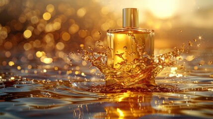 Perfume Bottle with Golden Water Splash