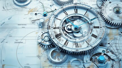 A clock with roman numerals and blue hands