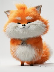 Obraz premium A fluffy orange fox with white fur stands on a white background, smiling with a happy expression