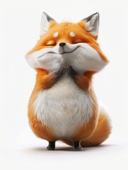 Obraz premium A digitally rendered fox stands against a white background, eyes closed, paws clasped, radiating contentment