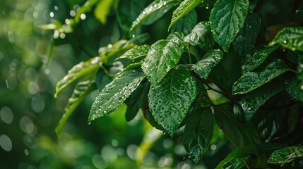 Close up of tree with wet green leaves