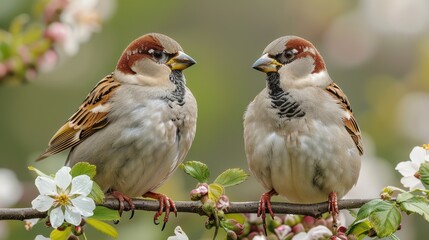 Fototapeta premium Two beautiful birds sitting on a flowery branch 