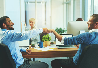 Fototapeta premium Fist bump, celebration and businessmen for partnership, team building and winning support, goal and target. Friends, excited hand sign and collaboration, b2b success and corporate startup deal