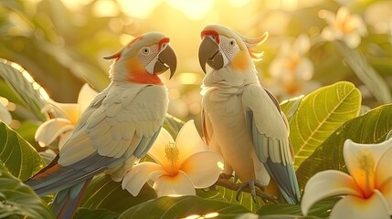 Obraz premium Two parrots in tropical leaves and flowers sitting on a branch. Harlequin Macaw. Watercolor exotic floral illustration for design, print or background 