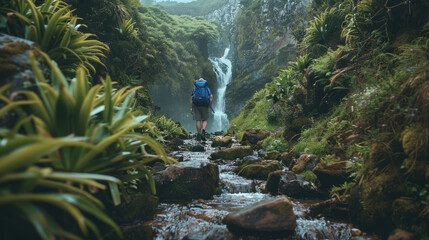 Man backpacking through lush path towards waterfall at Salto do Cabrito, Sao Miguel