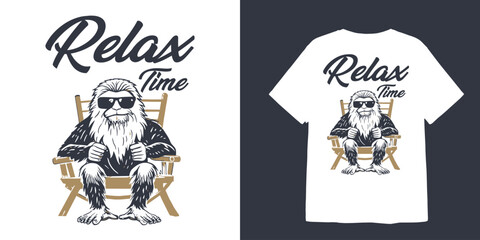 illustration of big feet sitting on wooden chair with text relax time for t shirt design
