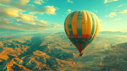 Fototapeta premium Bungee jumping from a hot air balloon, panoramic landscape, serene yet thrilling, high altitude, stunning perspective, vibrant imagery