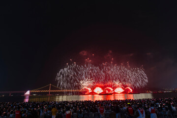 Dazzling fireworks illuminate Busan's night sky, with Gwangan Bridge silhouetted in the background.