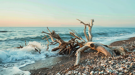 Driftwood on the ocean shore with waves and pebbles - Powered by Adobe