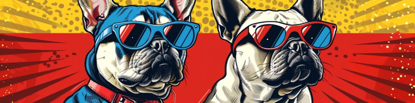 French Bulldog and Siberian Husky as superheroes in a comic book style, dynamic pose, bold colors, Pop Art, Comic