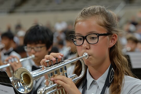 Young Girl Plays Trumpet In School Band