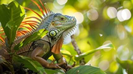 Fototapeta premium Green iguana resting in lush tropical foliage with vibrant colors